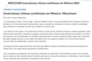 Inversiones chinas continúan en México: Mexcham Querétaro