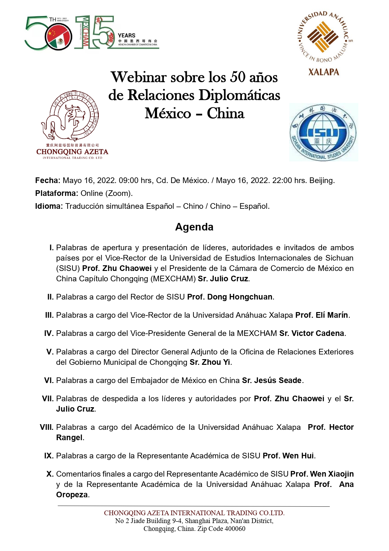 Webinar on the 50th anniversary of diplomatic relations Mexico-China